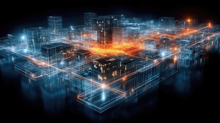 Futuristic Cityscape with Digital Wireframe Architecture and Glowing Elements in a Technology-Driven Environment