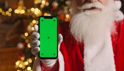Santa Claus holding phone with green screen