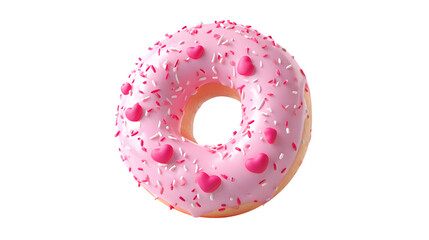 pink donut with red heart sprinkles isolated on white background