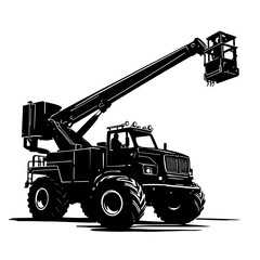 Yellow heavy-duty construction crane and truck equipment, isolated industrial machinery