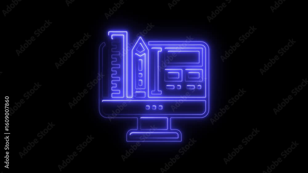 Poster neon design software interface animated loop graphic featuring ruler pencil and computer screen