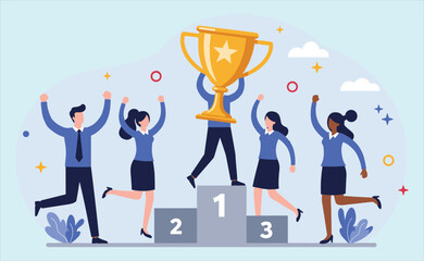 Celebrating Business Success and Team Achievement in Bangladesh: Diverse Team on Podium Holding Trophy for First Place Victory and Accomplishment