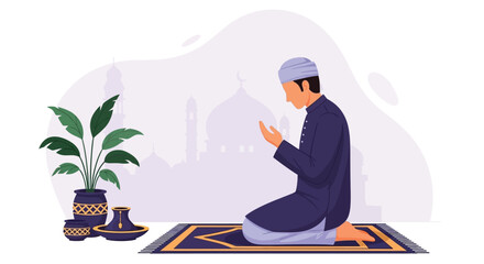 Muslim Man Praying in Front of Mosque with Prayer Rug