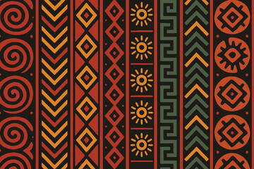 Vibrant african tribal pattern with geometric shapes and sun motifs