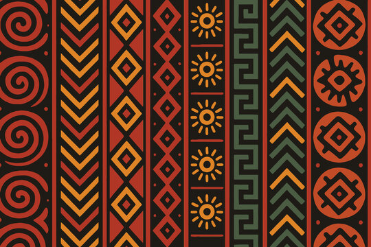 Vibrant african tribal pattern with geometric shapes and sun motifs