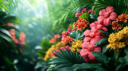 Vibrant tropical blooms thrive in warm jungle light, creating a serene and colorful atmosphere