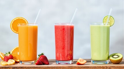 Fototapeta premium Refreshing Fruit Smoothies and Juices on Wooden Surface