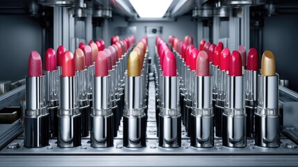 Colorful Array of Lipsticks in Modern Cosmetic Display Case Highlighting Beauty Products and Makeup Trends