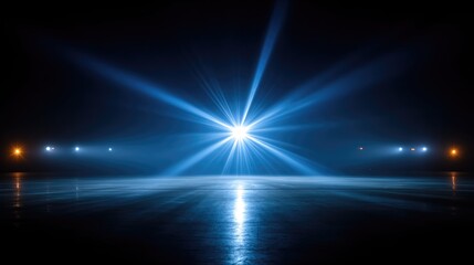 Dramatic Lighting Effect with Bright Rays and Reflection on Ground Surface in Dark Environment