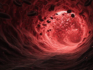 An artistic view of human blood cells flowing through a vein.