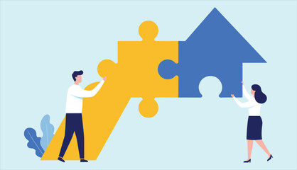 Real estate investment, home ownership solutions, and property development concept: People connecting puzzle pieces to form a house, symbolizing successful partnership.