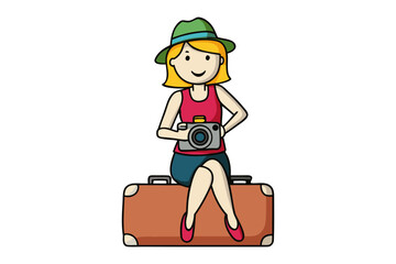 A cheerful cartoon woman with a camera and hat sits on a vintage suitcase ready for her next adventure