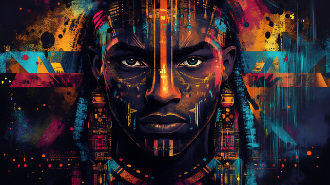 Mystical digital painting of African-inspired masks glowing with spiritual force, set in a sacred clearing where rituals awaken ancient fantasy spirits