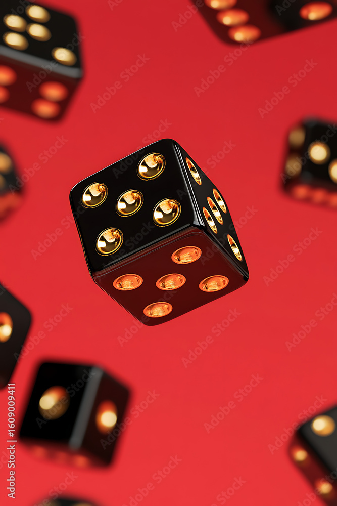 Poster a dynamic arrangement of black dice with golden dots floating against a vibrant red background