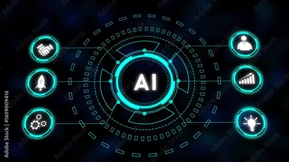 Poster futuristic teal hud interface digital technology abstract background seamless loop animation. futuri