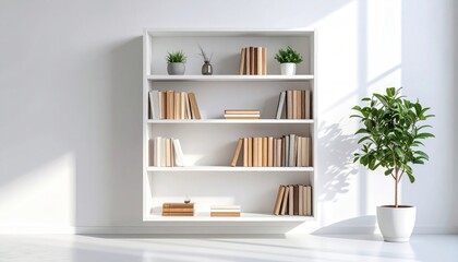 Fototapeta premium White Bookshelf with Plants: Minimalist Home Decor