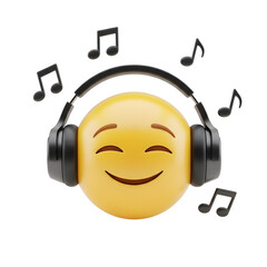 Joyful yellow emoji wearing headphones and listening to music with beaming smile and musical notes floating around