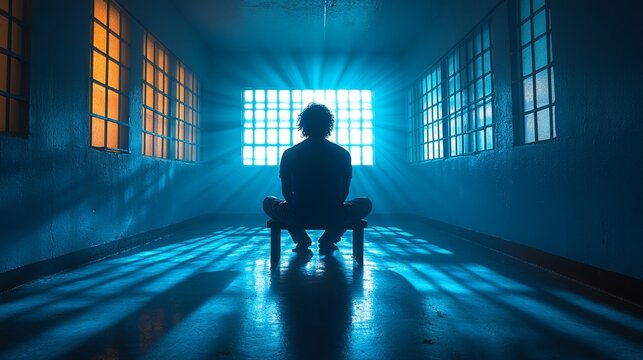 A lone figure in a dim room sits on a chair, illuminated by light streaming through barred windows