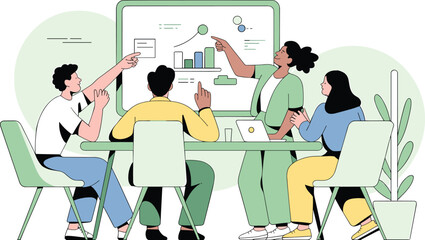 Collaborative Team Meeting with Professionals Discussing Data Charts and Strategies in Modern Workspace for Business Growth, Analysis, and Decision Making Creative Illustration for Adobe Stock