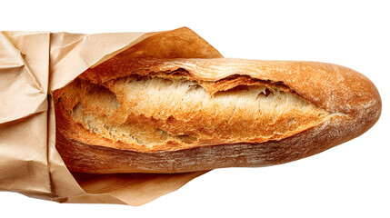 Freshly baked baguette wrapped in brown paper, showcasing its golden crust and soft interior