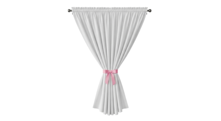 White window curtains with pink bow isolated realistic image for home interior decor privacy and sunlight control concept
