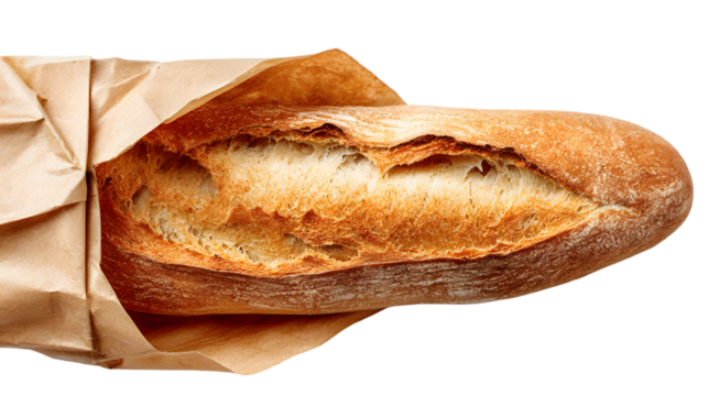 Freshly baked baguette wrapped in brown paper, showcasing its golden crust and soft interior