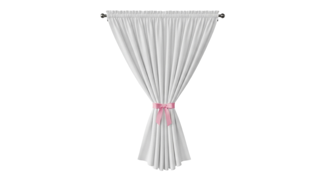 White window curtains with pink bow isolated realistic image for home interior decor privacy and sunlight control concept
