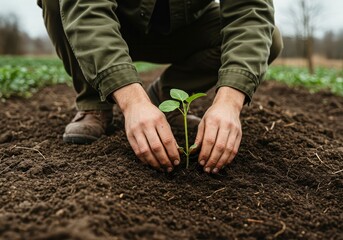 Gardeners Hands Gently Nurture a Young Seedling in Rich Soil