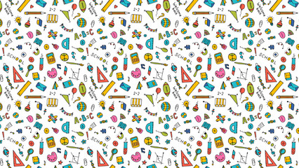 Colorful seamless pattern featuring school supplies and educational elements scattered on white