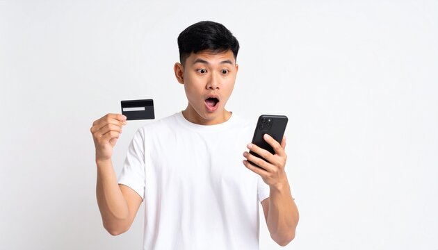 Shocked Asian Man Holding Credit Card and Smartphone
