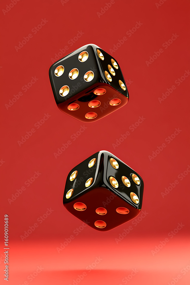 Aufkleber two glossy black dice with golden dots floating above a smooth red surface, creating a vibrant scene