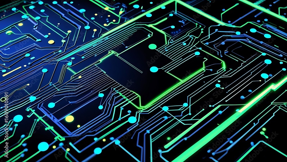 Poster abstract technology background with glowing blue and green electronic circuits representing network 