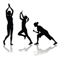 Set of yoga and fitness silhouettes of people in various poses and exercises vector illustration
