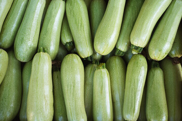 Top view of fresh vibrant green zucchini at local farmers market outdoors in daylight, organic vegetable at grocery store, healthy vegan food and seasonal produce, selected focus