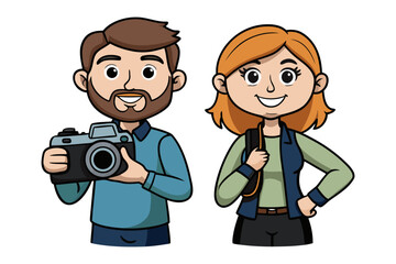 Friendly cartoon couple posing together with a vintage camera and backpack ready for adventure and exploration