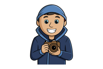 Smiling cartoon photographer wearing blue hoodie and cap holding a vintage camera ready to capture moments