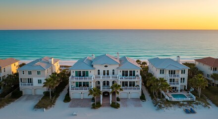 Saint Pete Beach, United States - 24 : Aerial view of luxurious beach house surrounded by palm trees and ocean view at sunset, Saint Pete Beach, United States.