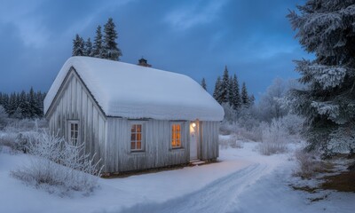 Snowy winter cabin at twilight