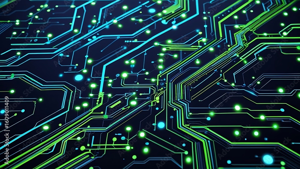 Poster digital circuit board with glowing green and blue lights, representing technology and data flow