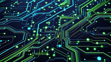 Digital circuit board with glowing green and blue lights, representing technology and data flow