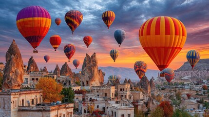 Colorful Hot Air Balloons Over Unique Rock Formations at Sunrise in Cappadocia, Turkey