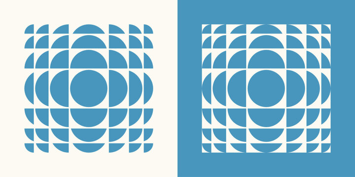 Set of two geometric dynamic square formed by circles with refraction and distortion effect. Abstract design for poster, brochure, banner, promotional and print. Trendy vector illustration 
