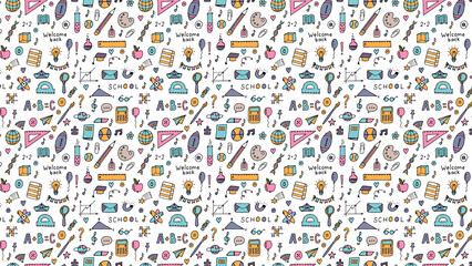 Seamless pattern featuring school supplies and educational elements on a white background