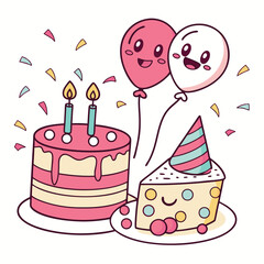 Birthday cake with candles and balloons in cartoon vector illustration for celebration card design
