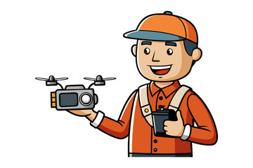 Smiling male drone operator in orange uniform holding a small quadcopter and a camera ready for aerial photography and videography tasks