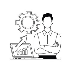 Business strategy concept with man laptop and gear in line art