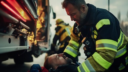 Firefighter performing CPR at emergency site, urgent scene