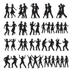 Dancing couples and groups silhouettes people