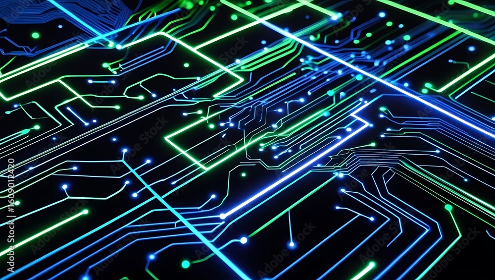 Poster abstract futuristic technology background with glowing blue and green lines representing a digital c