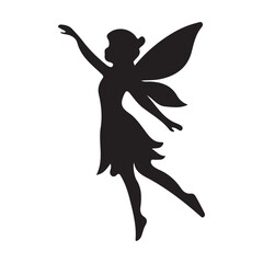 Black silhouette of a fairy in flight white wings